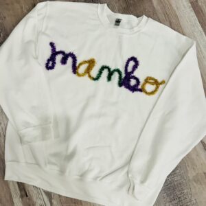 handcrafted white sweatshirt with MAMBO custom yarn work