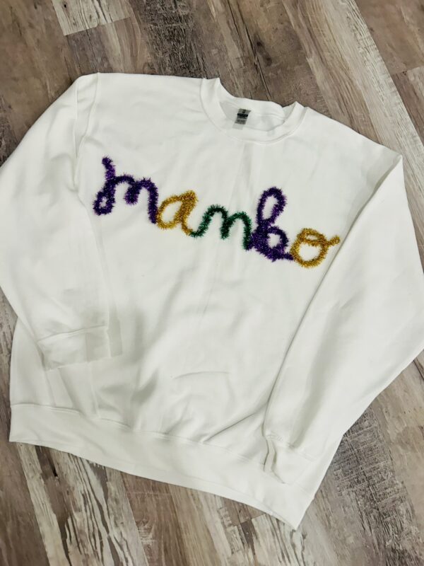 handcrafted white sweatshirt with MAMBO custom yarn work