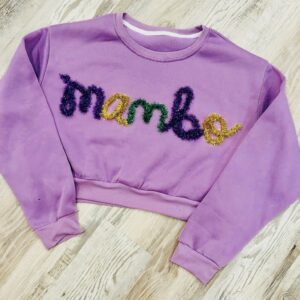 handcrafted purple sweatshirt with MAMBO custom yarn work