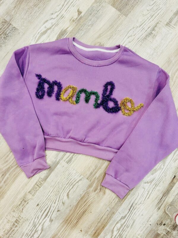 handcrafted purple sweatshirt with MAMBO custom yarn work