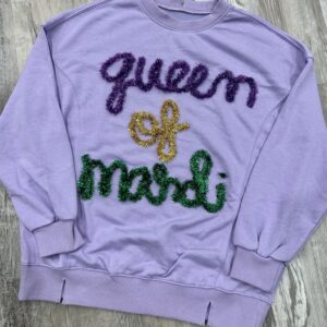 handcrafted white sweatshirt with Queen of the Mardi custom yarn work