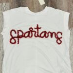 handcrafted white sweatshirt with Spartans custom yarn work